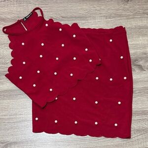 Red Scalloped Sleeveless Top & Mini Skirt 2-pc Set with Pearl Details XS/S